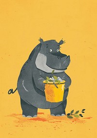 Hippo holding recycle bin animal cartoon drawing.