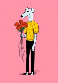 Dog holding a bouquet of flowers cartoon drawing sketch.