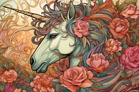 Unicorn and flowers art illustrated painting.