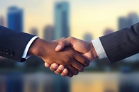 American Business men hand holding handshake city agreement.