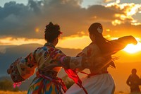 Bhutanese couple dancing sunset adult togetherness.