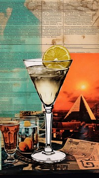 Wallpaper ephemera pale Egypt cocktail glass newspaper martini drink.