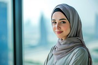 Business photo of arab woman clothing smile scarf.