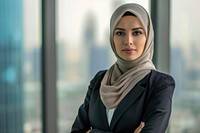 Business photo of saudi woman city architecture headscarf.