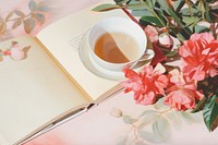 Coffee cup on a book publication flower paper.