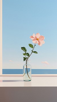 A flower in a vase outside the window with seascape background plant inflorescence transparent.