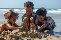 Ethiopian family beach sand sandcastle.