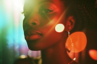 Night and disco with black woman at party for club photography portrait jewelry.