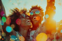 Happy black couple celebrating photography laughing portrait.