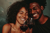 Happy black man couple celebrating laughing drinking portrait.