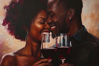 Happy black woman couple celebrating drink wine portrait.