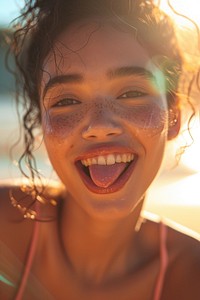 Young Latina columbian woman sunlight portrait teeth.