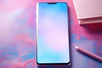 Smartphone with abstract holographic table blue pink.