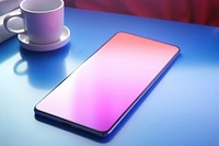 Smartphone with abstract holographic table pink blue.