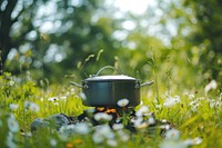 Camping cooking equipment  nature field green.