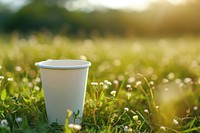 Paper cup mockup field grassland outdoors.