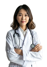 Middle age female asian doctor adult white background stethoscope.