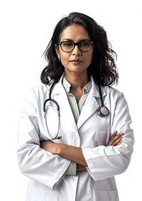 Middle age female indian doctor glasses white background stethoscope.