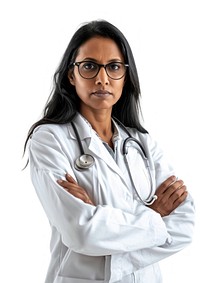 Middle age female indian doctor glasses adult white background.