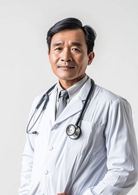 Middle age male asian doctor adult white background stethoscope.