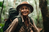Brazilian woman adventure backpack outdoors.