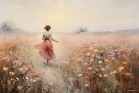 Woman walking on the flower field painting landscape contemplation.