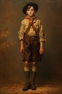 A boy wearing a brown scout uniform painting portrait photography.