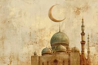 An Islamic Mosque with crescent moon behind and beautiful landscape painting architecture backgrounds.