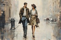 Couple walking on the street city painting footwear adult.