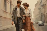Couple walking on the street city painting adult road.