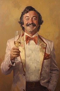 A 1970s Man happy and holding a wine glass painting portrait smile.