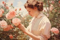 Woman gardening in the rose garden painting flower plant.
