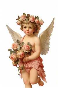 Cupid wearing a crown of roses holding a rose bouquet isolated on clear white background flower angel plant.
