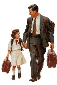 A father and school kid walking together briefcase handbag adult.