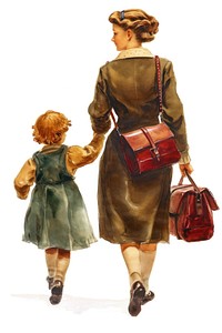 A mother and school kid walking together painting handbag purse.