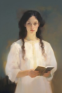 A Christian girl in a white dress holding a Christ cross necklace and a Bible book portrait painting adult.