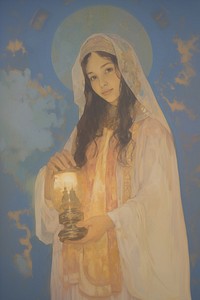 A Muslim girl holding a Ramadan Islamic lantern portrait architecture painting.