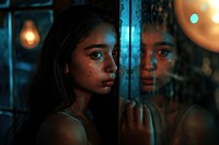 A Latina Colombian girl with a sad expression gently touches the reflection mirror portrait worried light.
