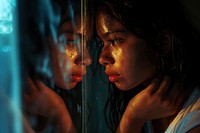A Latina Colombian girl with a sad expression gently touches the reflection mirror worried light adult.
