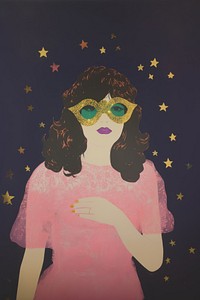 An American girl adorned in a Mardi Gras mask portrait painting purple.