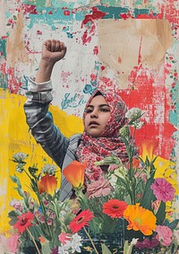 A brave Muslim girl raising her fist with flowers painting portrait collage.