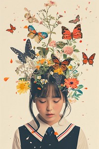 Japanese girl in School uniform portrait flower butterfly.