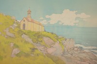 Small church perched on a cliff overlooking the sea background architecture building outdoors.