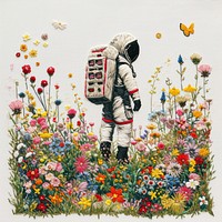 An astronaut flower embroidery painting.