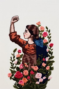 A brave girl rise her fist flower embroidery painting.