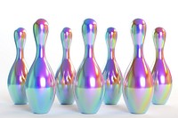 Bowling pins iridescent white background futuristic repetition.