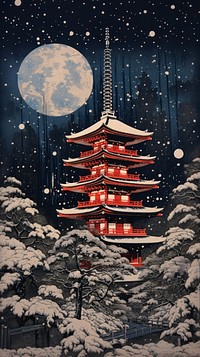 Pagoda night snow moon