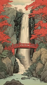 Red bridge in front of tall waterfall architecture outdoors nature. AI generated Image by rawpixel.