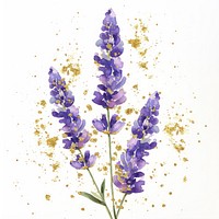 Watercolor purple lavender with gold glitter outline sketch blossom flower plant.