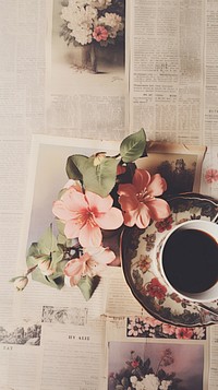 Wallpaper ephemera pale teapot newspaper flower coffee.